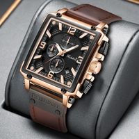 Mode hommes montre Top marque de luxe en cuir carré grand cadran sport Quartz chronographe affaires montre-bracelet hommes
