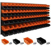 Lot de 127 boîtes S et M bacs a bec orange et noir pour système de rangement 177 x 78 cm au garage