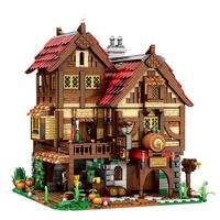 Maquette de taverne médiévale européenne en briques, modèle de paysage urbain historique, jeu de construction et de réflexion