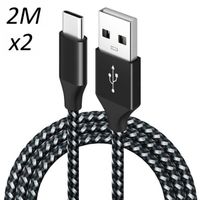 [2 pack] Câble Nylon Tressé Noir Type USB-C 2M pour Samsung galaxy A22 4G - A22 5G - A32 4G - A32 5G - A40 - A41 - A42