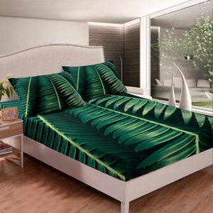 DRAP PLAT Drap Housse 200X200 Plante Verte Drap-Housse Feuilles De Cocotier Drap Plat Pour Lit Avec Grand Bonnet De 30 Cm Draps