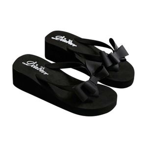 TONG lukcolor Femmes d'été bowknot tongs chaussures de plage à talons hauts (taille 36-40) Noir