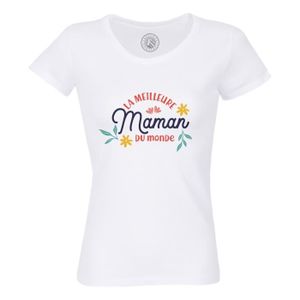 T-SHIRT T-shirt Femme Col Rond Coton Bio Blanc La Meilleure Maman du Monde Mère Fete des Meres