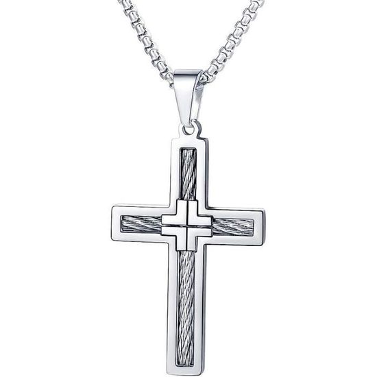 Collier Croix Chrétienne En Acier Inoxydable - Chaîne 55+5 Cm Ajustable - Pendentif Protection - 10