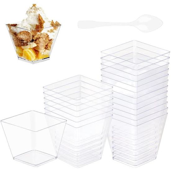 50 pièces Coupes à Dessert, 60ML Réutilisable Tasses à Dessert, Avec Cuillères Transparent, DIY Coupe à Dessert Plastique, Pour