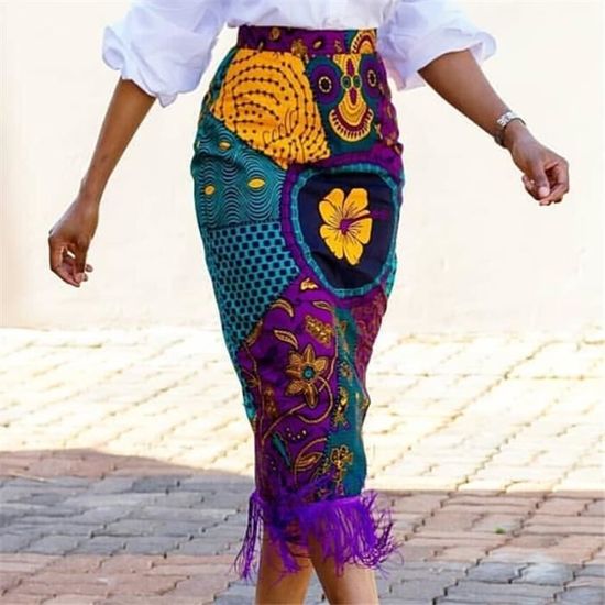 Jupe Jupe florale Vintage mode africaine avec pompon taille haute elegante retro mode africaine ete livraison Type Printed Blanc Cdiscount Pret a Porter