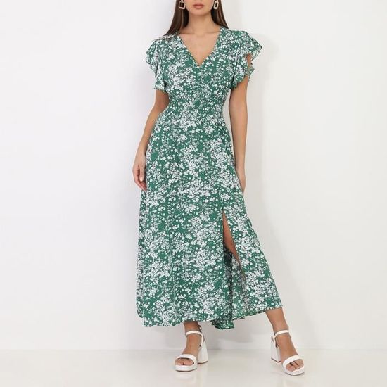 Robe verte volantee a boutons et motif fleurs Vert Cdiscount Pret a Porter