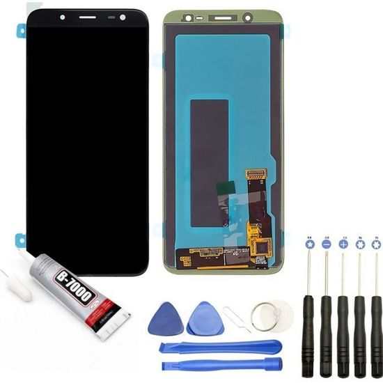 Vitre tactile + Ecran compatible avec Samsung Galaxy J6 SM-J600F Noir taille 5.6" + Kit outils + Colle B7000 Offerte