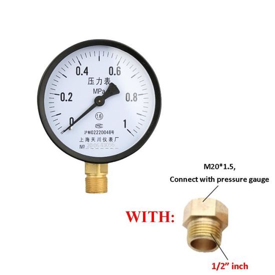 Manomètre Pression Eau 230 PSI / 1.6 MPa - Avec 3 Adaptateurs & Ruban - Pour Piscine, Pneus, Circuits Hydrauliques