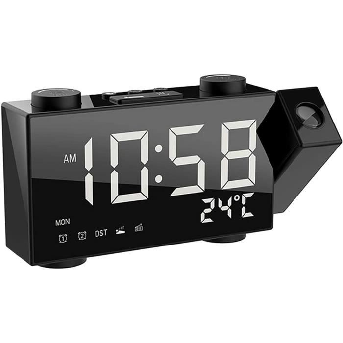 Réveil Projecteur 180° Avec Fonction Snooze 4 Variateurs Double Alarme Charge USB Horloge Numérique 12H/24H Pour Chambres