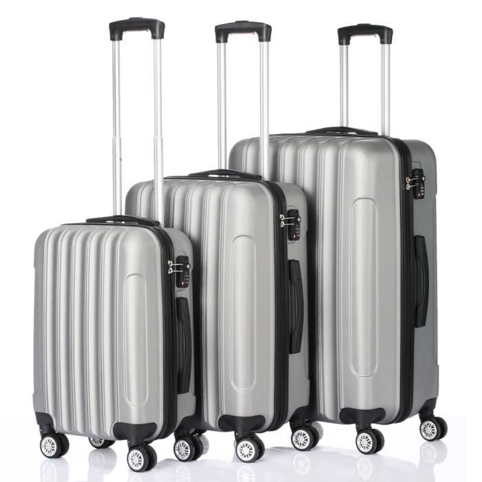 Set de 3 valises rigides Multifonctionnel 4 Roues, ABS, Robustes, Sécurité,Durables et Légères,20,24,28in,Gris Argenté