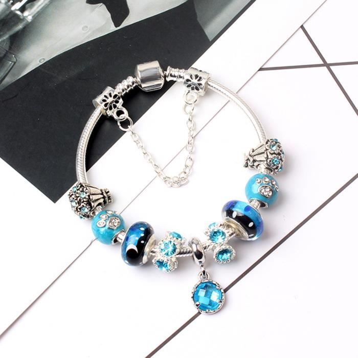 20CM Charms Bracelet à breloques en verre étoilé bleu bijoux Femme CZ Trèfle Charms Femme