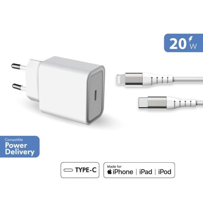Chargeur maison 20W Power Delivery + Câble renforcé USB C/Lightning Garanti à vie Blanc 100% Plastique recyclé Force Power Lite