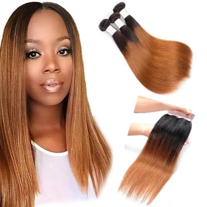 Péruviens Cheveux humains lisse 3 faisceaux avec Lace Closure 1B-30 blonde colorée-(18-20-22-+14-closure)