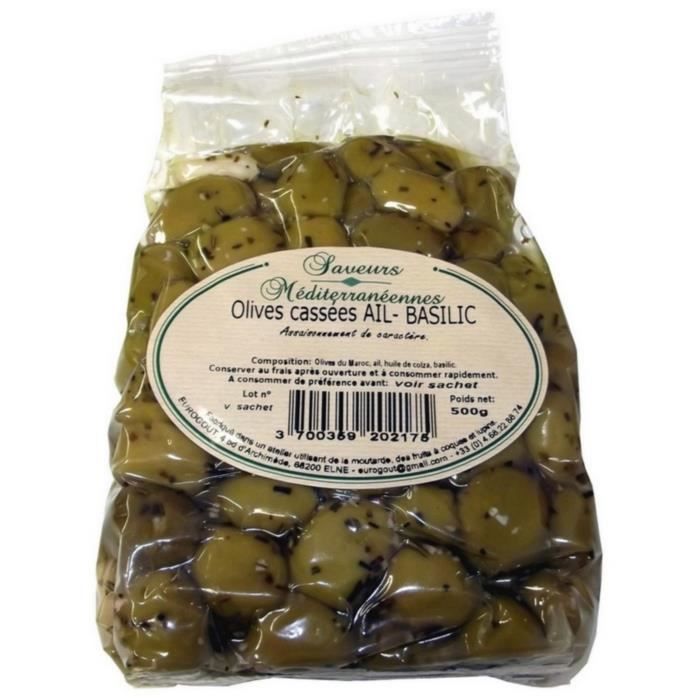Olives Cassées Ail et Basilic 500gr