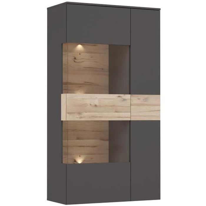 Vitrine 1 porte + LED - Décor chêne et gris - L 90,1 x P 41,3 x H 168,1 cm - COMO