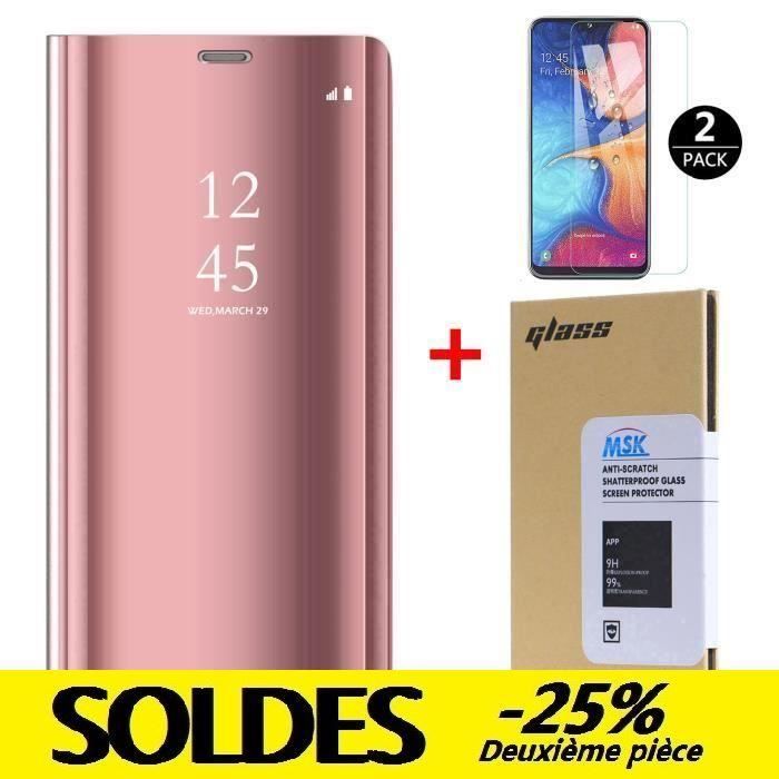 Coque Samsung A20E + [2 Pack] Verre trempé, Miroir Case Avec Stand Fonction Flip Protection Pour Samsung Galaxy A20E - Or Rose