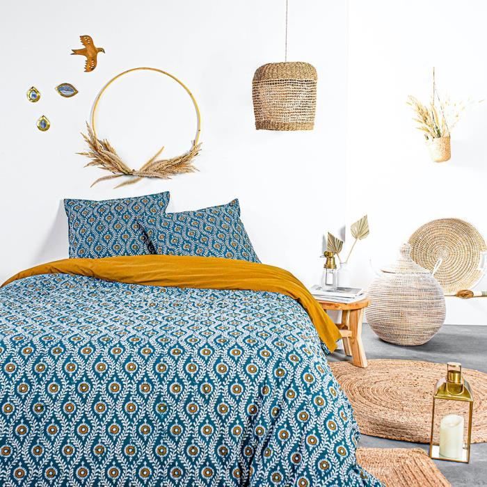 TODAY Parure de couette 220x240 cm - 100% Coton - Bleu Bohème - KERALA TODAY