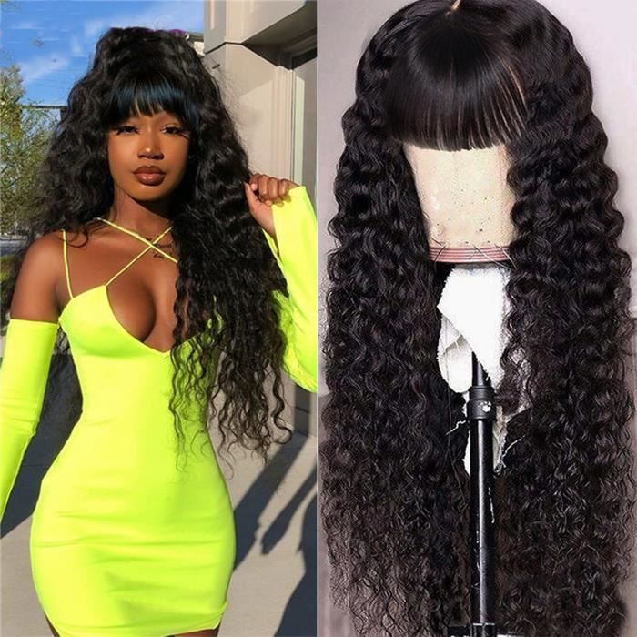16'' Perruque naturelle bouclée cheveux humains Remy longs couleur naturelle avec frange fait Machine
