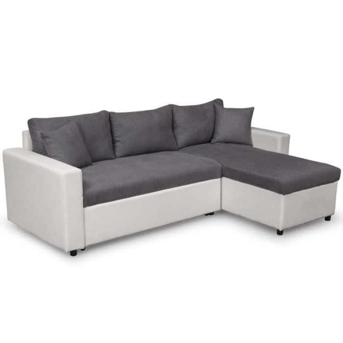 Canapé Convertible D'angle Réversible -césar- 223cm Blanc & Gris - Paris Prix