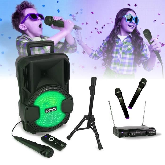 Enceinte Enfant Karaoke USB Bluetooth Party-MOBILE8 - Micro SD - 1 Micro filaire - 2 Micros UHF - Pied - Boum - Anniversaire