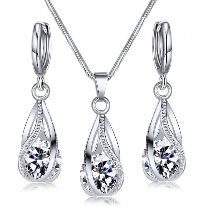 Parure Bijoux Goutte Cristal Swarovski Elements Blanc Argent Fin Rhodié