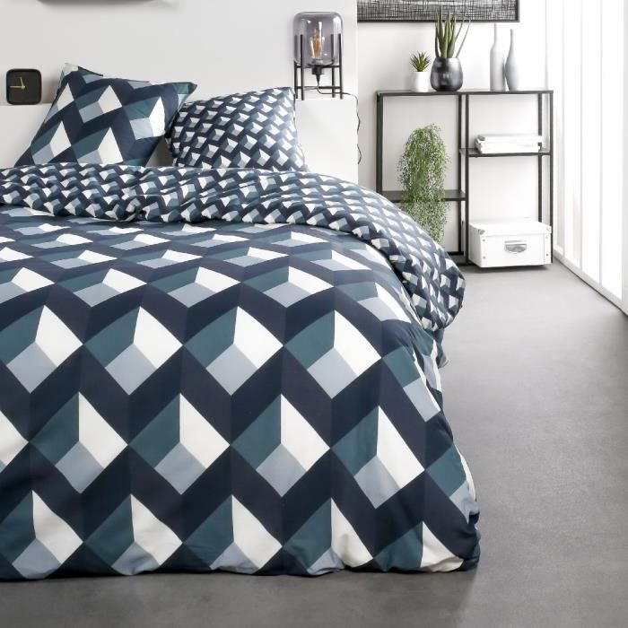 Housse de couette 220x240 Sunshine Volmur + 2 taies 100% coton 57 fils Bleu