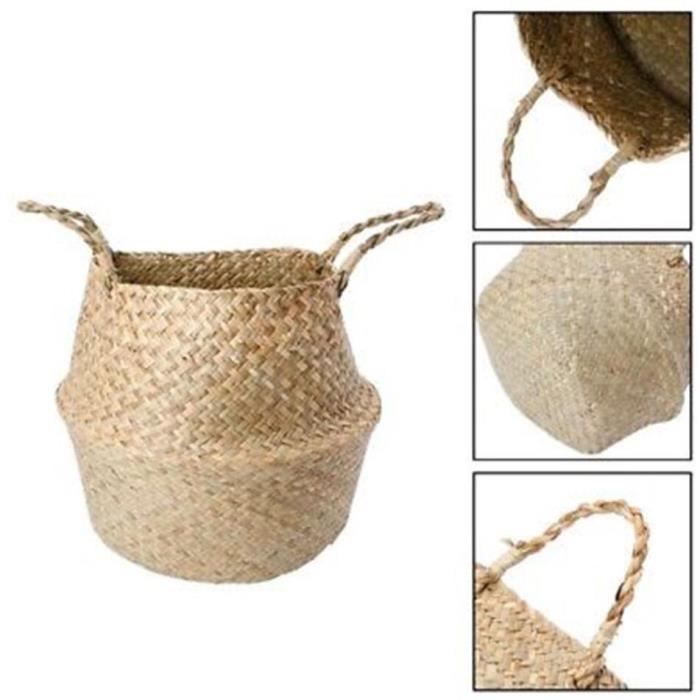 Panier de rangement pliant, panier à provisions, panier de rangement pour pots de fleurs,Panier rotin pliant en osier poignée ronde.