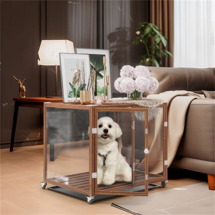 Comparer les prix de Meuble Cage Chien Intérieur Transparent 76x58.5x66.5cm Caisse pour Petit Chien en Verre Trempé sur Roulette