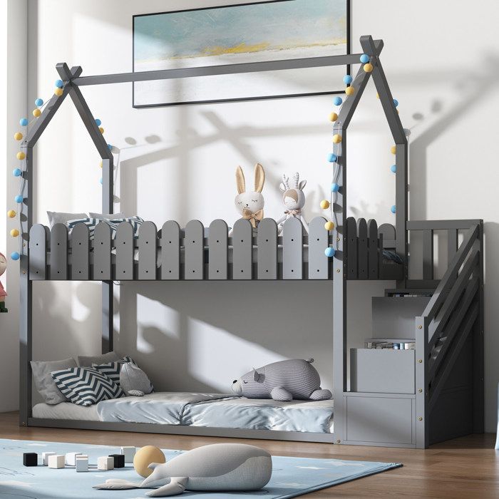 lit familial avec 3 escaliers avec 2 tiroirs clôturé, lits superposés, lit bébé, gris