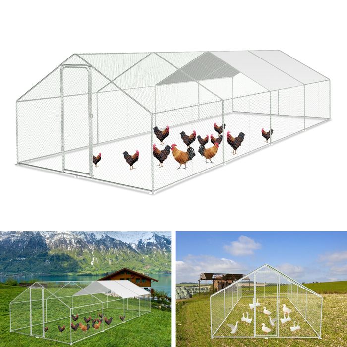 Comparer les prix de Riossad Enclos Poulailler - Grand Enclos Poule Oie Métal Bâche Imperméable Toit Pointe 3x8x2m pour la volaille POULAILLER