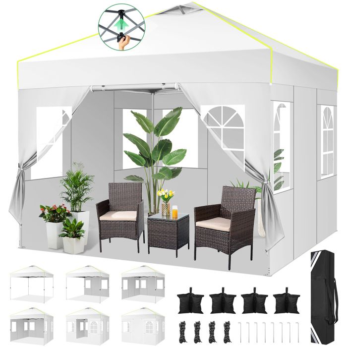 Tonnelle Pliante 3x3 Tonnelle De Jardin Exterieur ImperméAble Tente De Reception Avec 4 Panneaux LatéRauxUv 50+Blanc