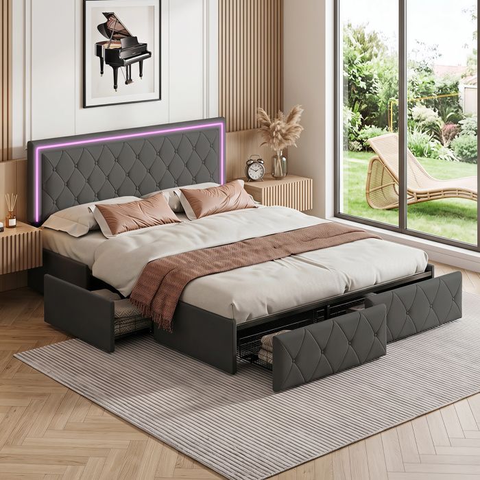 Cadre de lit 140x200 Capitonne Lit Double Rembourré avec tiroirs Lit Adulte LED Lit avec Rangement et tete de lit PU Gris