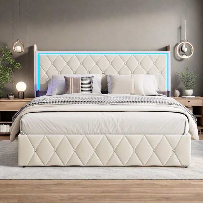 Lit coffre adulte 160x200 cm capitonné en velours Lit double avec LED Espace de rangement Sommier Lit adulte avec tête rembourrée