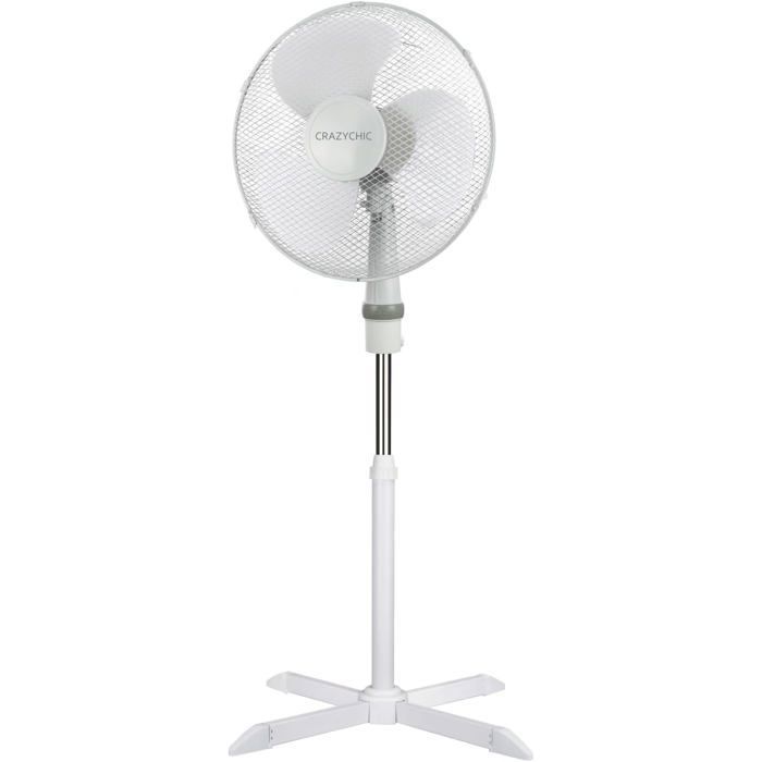 CRAZYCHIC - Ventilateur Electrique sur Pied Silencieux - Puissant 55W - Diamètre 40 CM - 3 Vitesses - Oscillation - Blanc - Crazychic