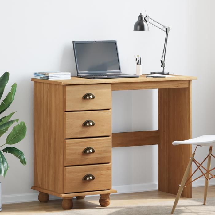 Moderne Table de travail Bureau ASKIMavec tiroirs 95x40x75 cm en bois massif de pin @FR(517603)