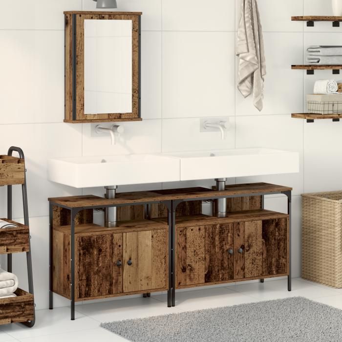 Meuble sous vasque - Bois massif - Lavabo intégré - Style rustique - 2 portes
