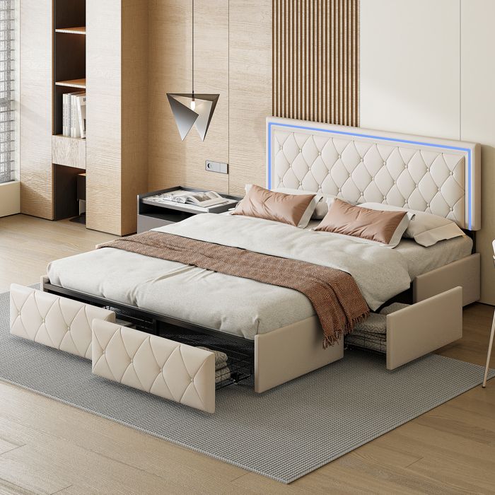 Lit Coffre 160x200 cm Tête de Lit avec LED Tissu en PU Cuir 4 Tiroirs de Rangement Lit Adulte avec Sommier à Lattes Blanc