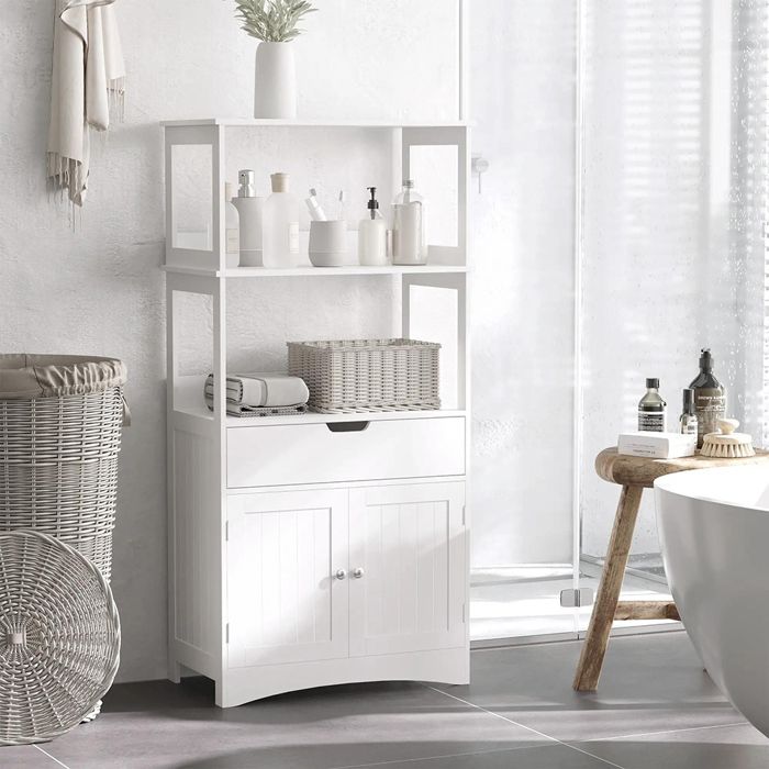 Meuble salle de bain - 2 portes + tiroir + 3 étagères - 60L x 33P x 122H cm MDF blanc Meuble salle de bain - 2 portes + tiroir + 3 étagères - 60L x 33P x 122H cm MDF blanc