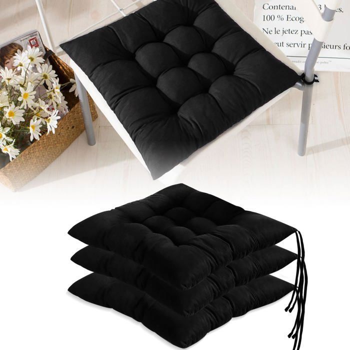 Lot de 4 Coussin de Chaise Galette de Chaise Coussin de Chaise 40 x 40 avec Ficelles de Maintien Dessus de Chaise Noir YYV