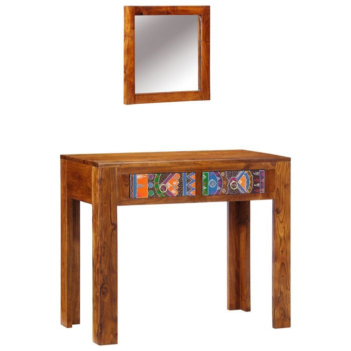 Coiffeuse moderne en bois massif - vidaxl - Marron miel - Bois dacacia - Miroir inclus - Rangements intégrés