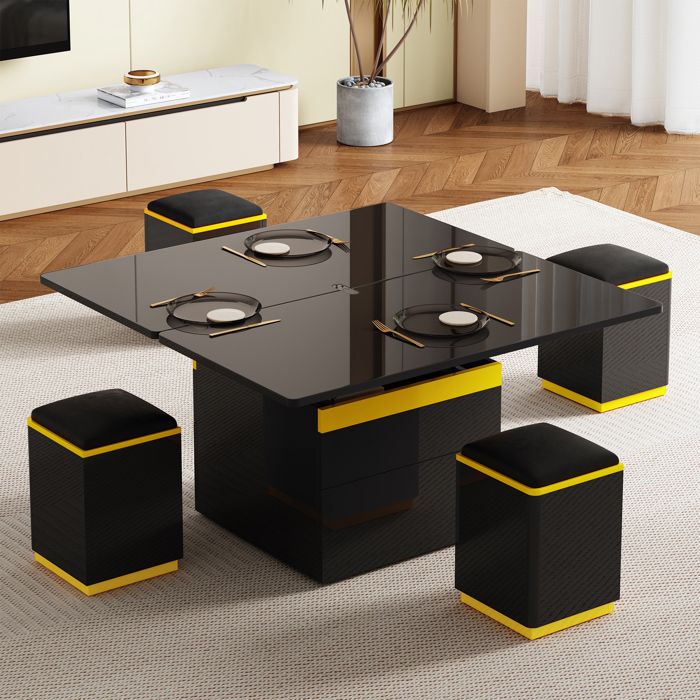 Table basse noire brillante réglable en hauteur - Transformable en table à manger multifonctionnelle et design pour salon Table basse noire brillante réglable en hauteur - Transformable en table à manger multifonctionnelle et design pour salon