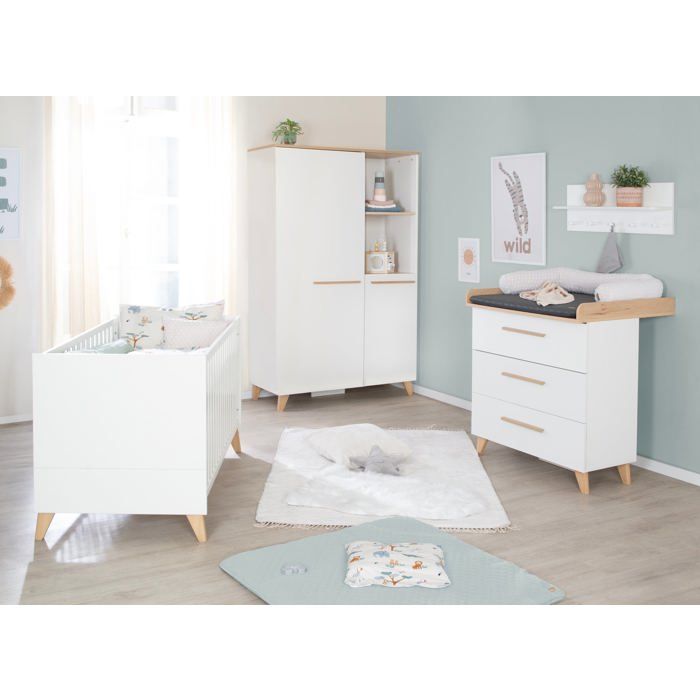 Chambre Bébé Complète ROBA - Leon - Lit Évolutif 70x140 + Commode à Langer + Armoire 2 Portes 2 Niches - Blanc - Chêne