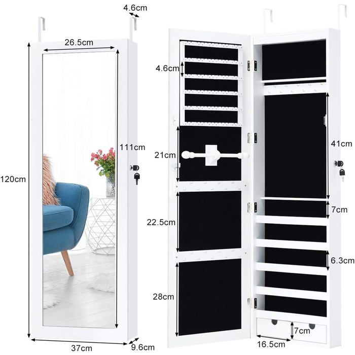 GIANTEX Armoire à Bijoux Mural Verrouillable avec Miroir et Lumière LED Armoire de Rangement Accrochée à la Porte avec Compartimen