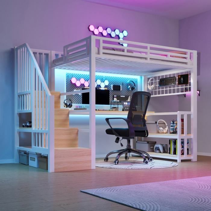 Lit mezzanine 90x200 - VVBV - Bureau intégré - LED réglable - Rangement escalier USB/Type-C