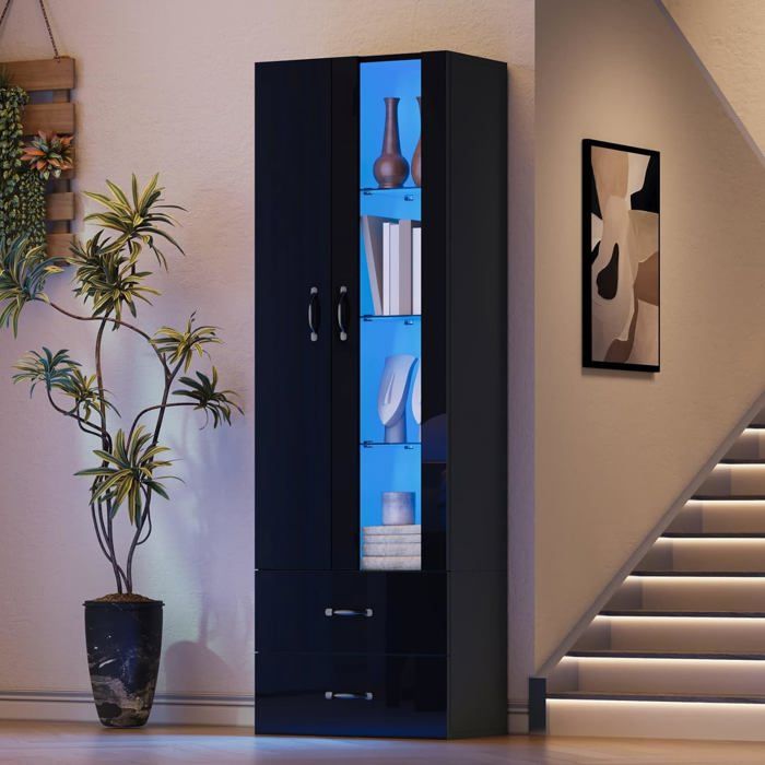 Vitrine Brillante 60x35x182.5cm Rangement Cuisine avec éclairage LED Réglable 2 Tiroirs Étagères à 4 Niveaux pour Salon - Noir
