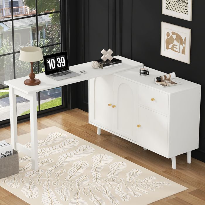 Bureau/Coiffeuse 2-en-1 Rotatif 360° - Design Blanc et Or - Structure Panneaux de Particules - pour Bureau