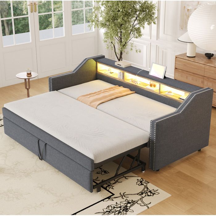 Canapé-lit capitonné avec lit gigogne LED USB et rangements gris foncé