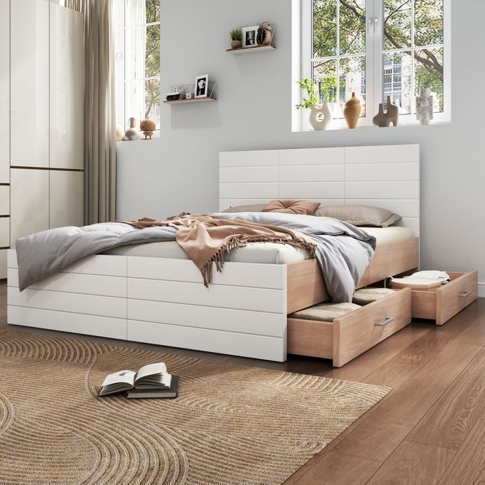 Lit Double 180x200 cm avec 2 Tiroirs - Merax - Cadre de Lit - en Bois Blanc et Chêne Sans Matelas Lit Double 180x200 cm avec 2 Tiroirs - Merax - Cadre de Lit - en Bois Blanc et Chêne Sans Matelas