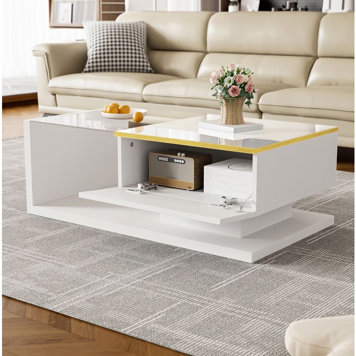 Table basse blanche avec verre trempé et éclairage LED multicolore